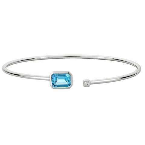 14K White Gold Open Top Bangle with Emerald Cut Blue Topaz and Diamond